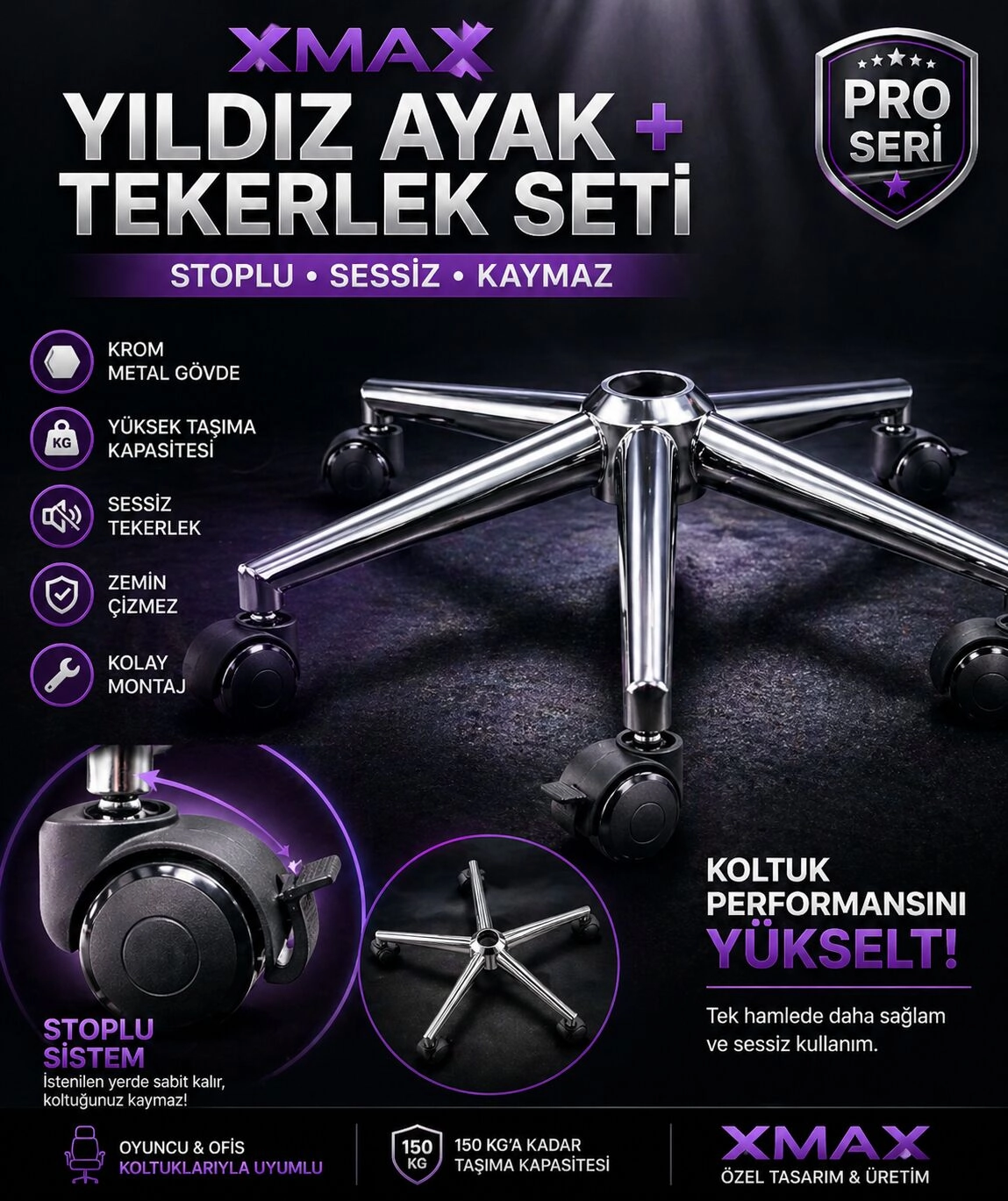 Oyuncu Koltuğu Yıldız Ayak + Tekerlek Seti | Stoplu Sistem | Krom Metal Gövde