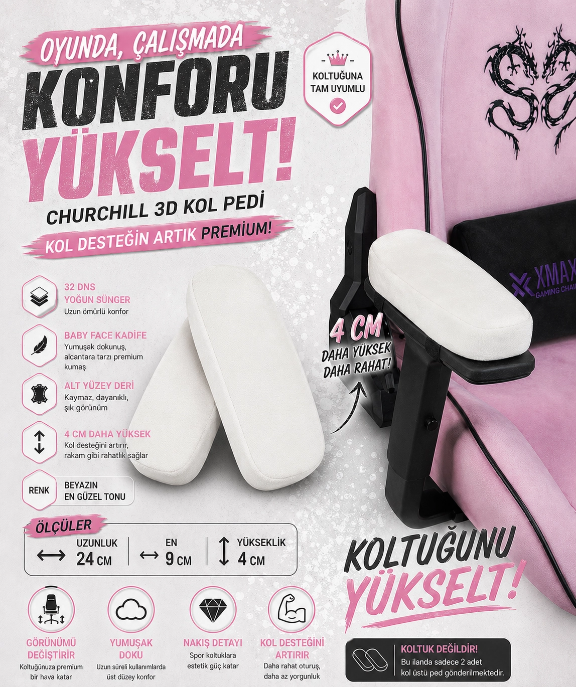 Churchill 3D Koltuk Kol Pedi Kadife Kumaş 32 DNS Yoğun Sünger (Ergonomik Kol Destek)