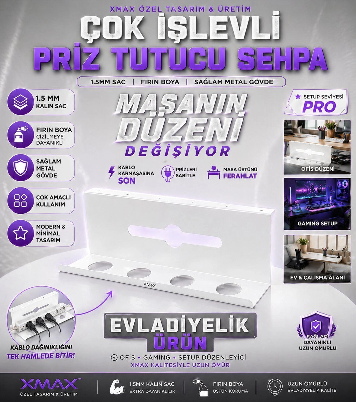 XMAX HUB 50 CM Kablo Toplayıcı Sehpa – Siyah veya Beyaz Metal Çok Amaçlı Priz Düzenleyici
