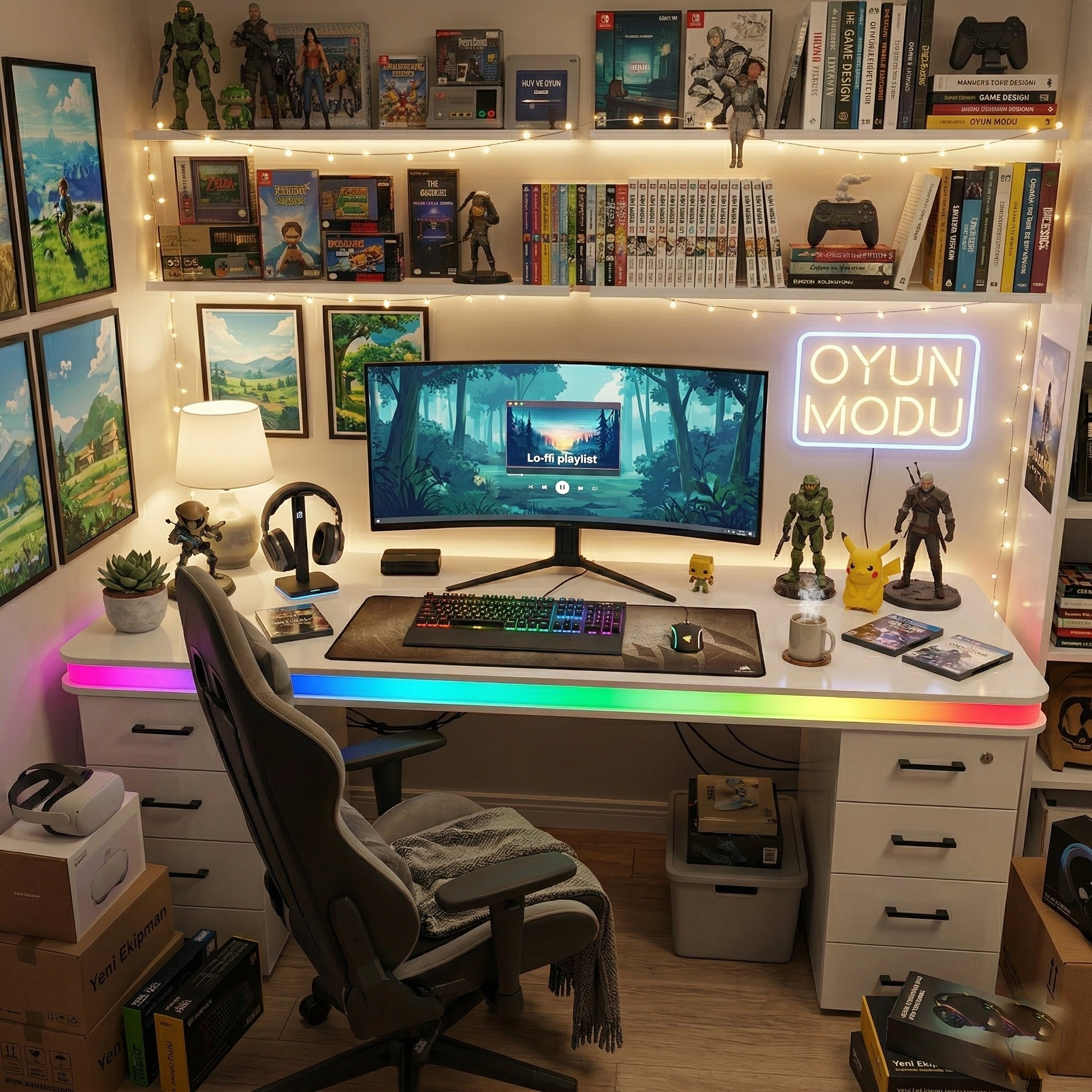 Bluetooth ARGB Işıklı Oyuncu Masası – XMAX Zyra Çift Çekmeceli MDF Gaming ve Çalışma Masası - TOPLAM KALINLIK 9 cm