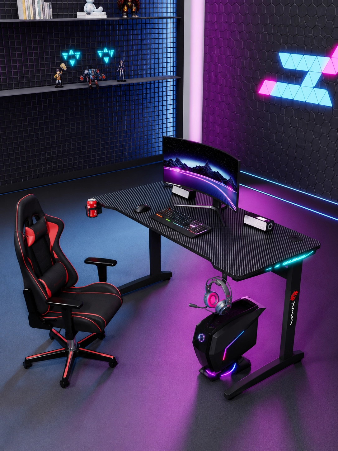 XMAX Inferno Karbon Oyuncu Masası | RGB Işıklı | Bardaklık | Kulaklık Tutucu
