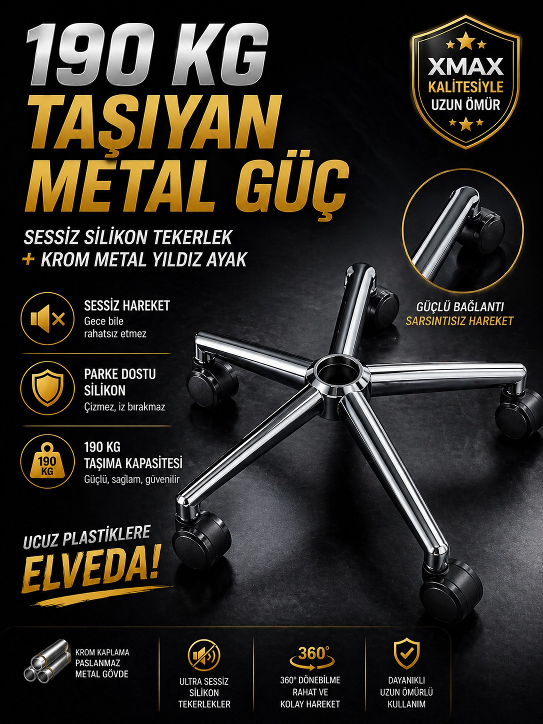 Yıldız Ayak + Tekerlek Seti | Silikon Tabanlı Sessiz | Krom Metal Gövde