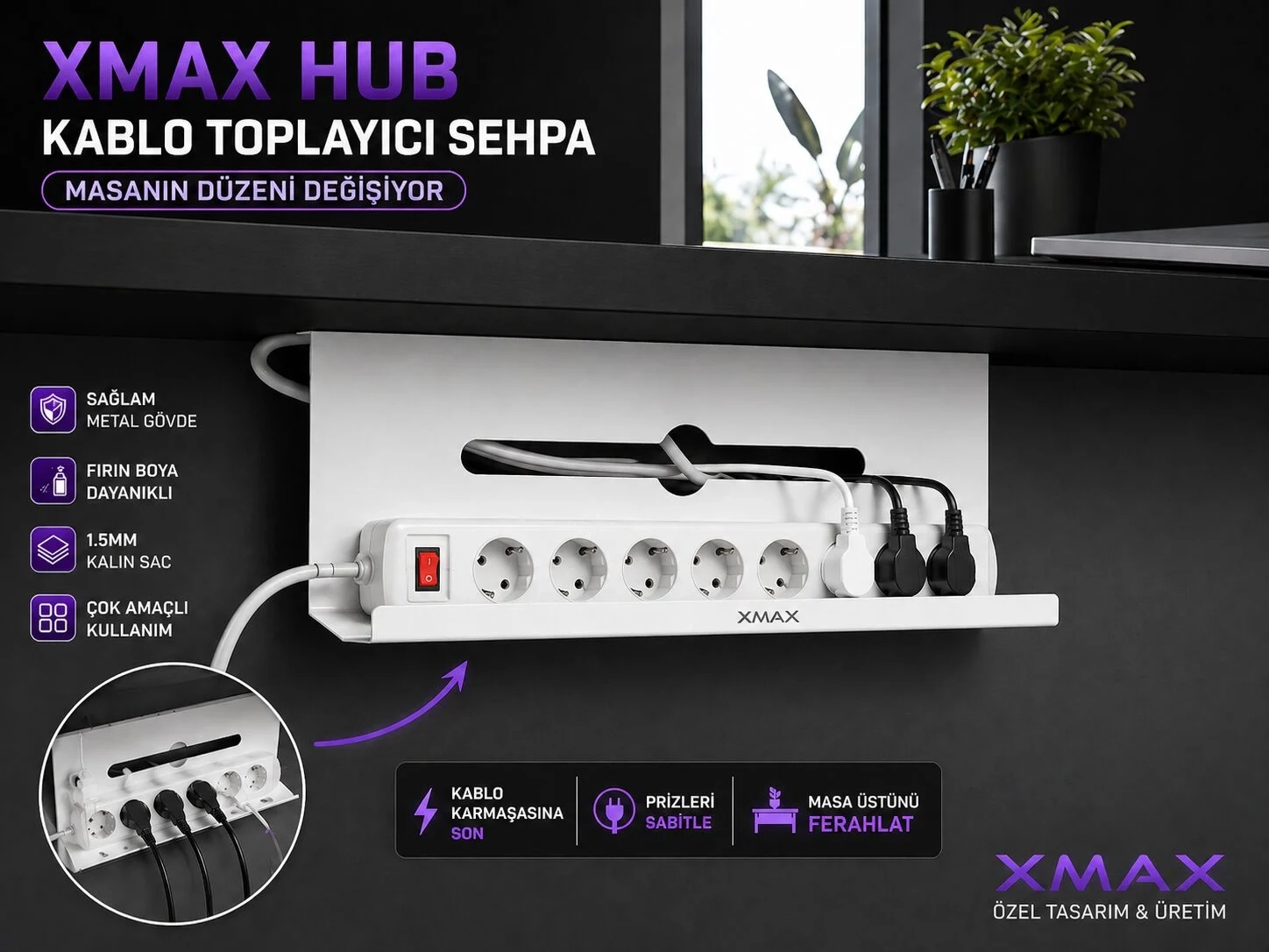 XMAX HUB 50 CM Kablo Toplayıcı Sehpa – Siyah veya Beyaz Metal Çok Amaçlı Priz Düzenleyici