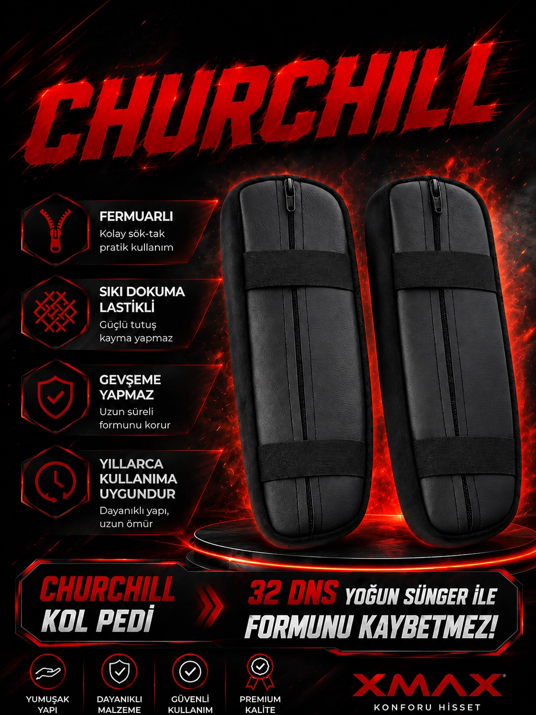 Churchill 3D Koltuk Kol Pedi Kadife Kumaş 32 DNS Yoğun Sünger (Ergonomik Kol Destek)
