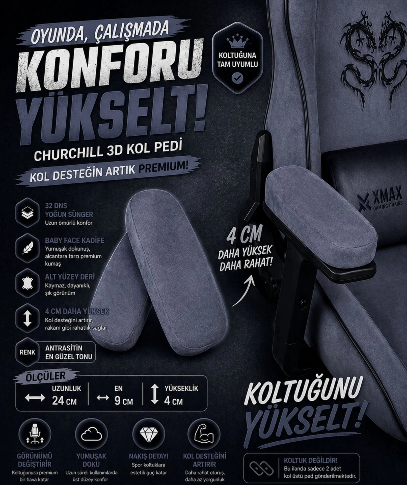 Churchill 3D Koltuk Kol Pedi Kadife Kumaş 32 DNS Yoğun Sünger (Ergonomik Kol Destek)