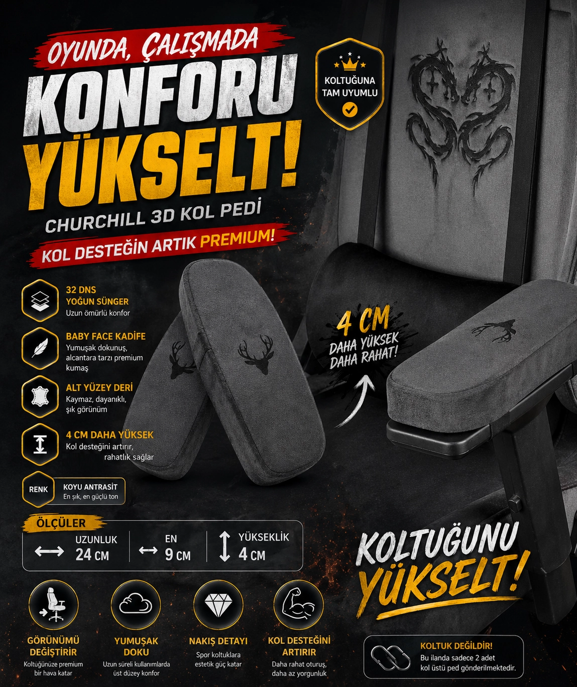 Churchill 3D Koltuk Kol Pedi Kadife Kumaş 32 DNS Yoğun Sünger (Ergonomik Kol Destek)