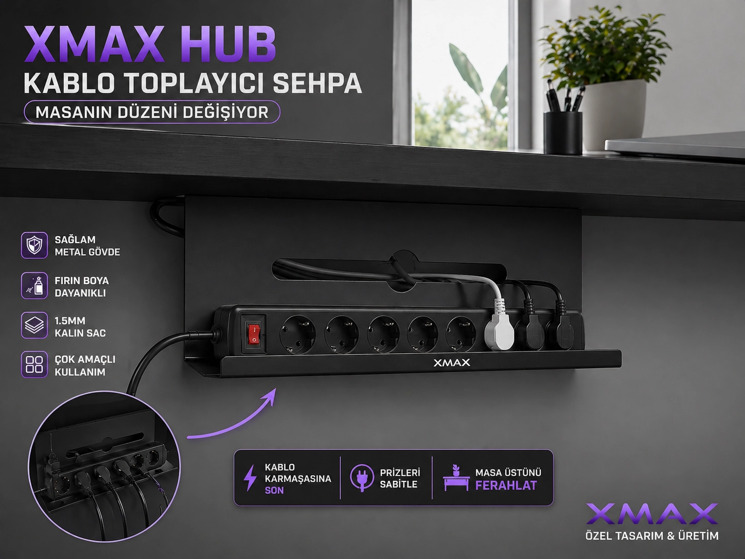 XMAX HUB 50 CM Kablo Toplayıcı Sehpa – Siyah veya Beyaz Metal Çok Amaçlı Priz Düzenleyici