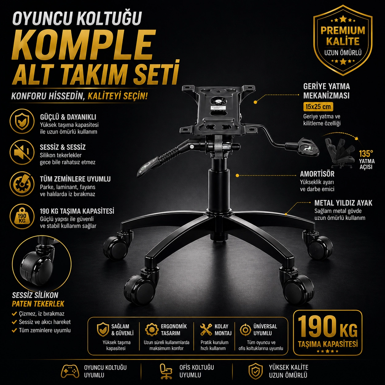 Oyuncu Koltuğu Komple Alt Takım Seti – Mekanizma  (15x25 cm) + Amortisör + Metal Ayak + Silikon Tekerlek