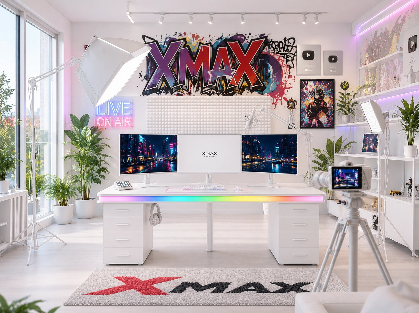 Bluetooth ARGB Işıklı Oyuncu Masası – XMAX Zyra Çift Çekmeceli MDF Gaming ve Çalışma Masası - TOPLAM KALINLIK 9 cm