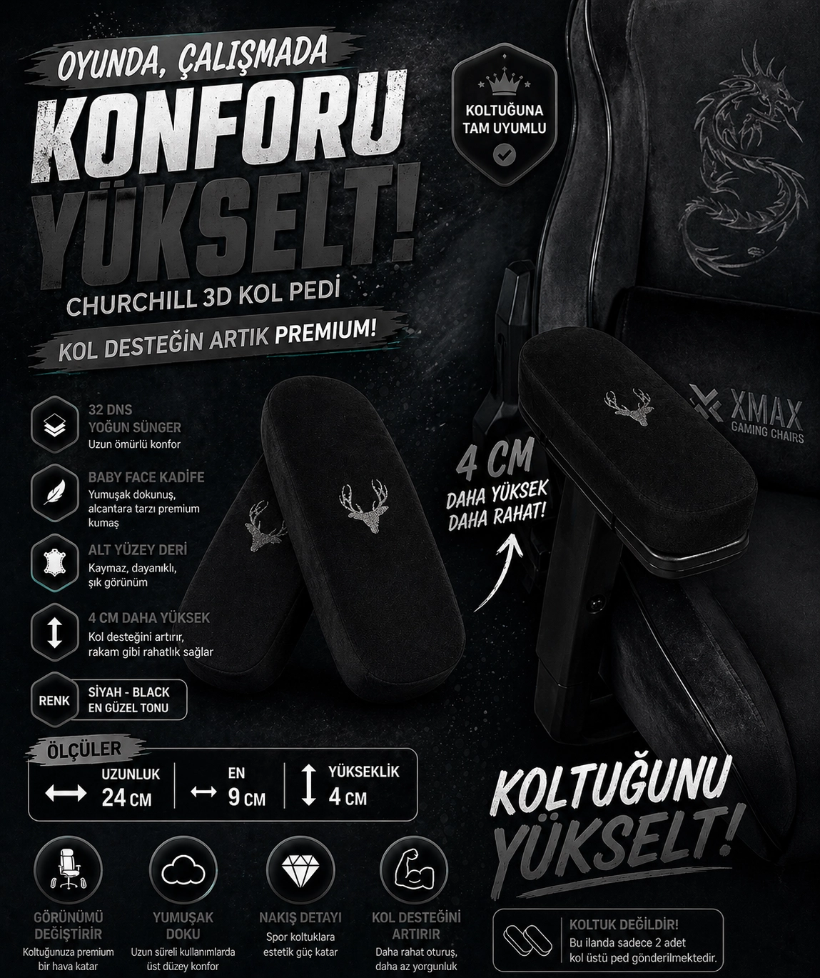 Churchill 3D Koltuk Kol Pedi Kadife Kumaş 32 DNS Yoğun Sünger (Ergonomik Kol Destek)