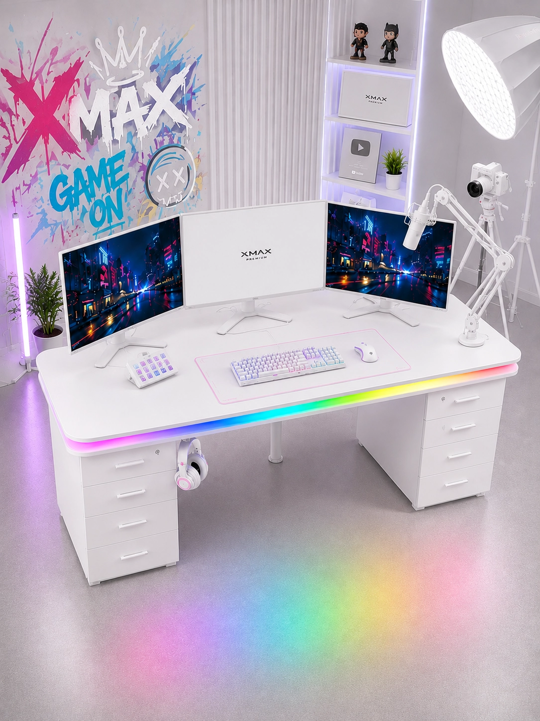 Bluetooth ARGB Işıklı Oyuncu Masası – XMAX Zyra Çift Çekmeceli MDF Gaming ve Çalışma Masası - TOPLAM KALINLIK 9 cm