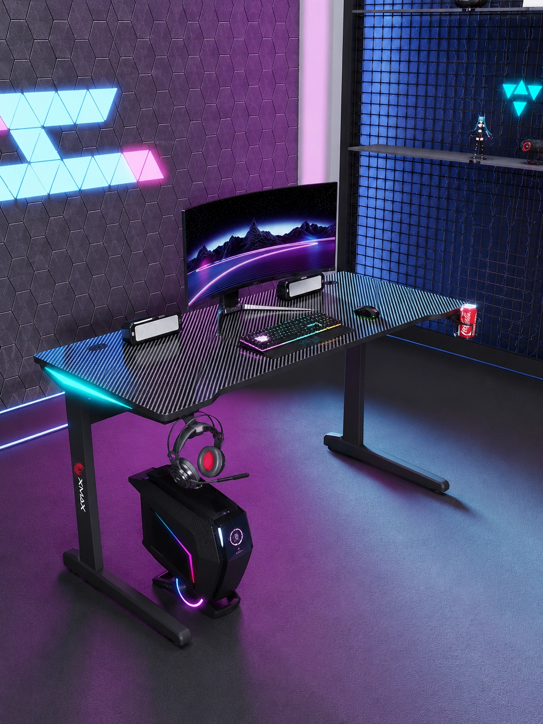 XMAX Inferno Karbon Oyuncu Masası | RGB Işıklı | Bardaklık | Kulaklık Tutucu