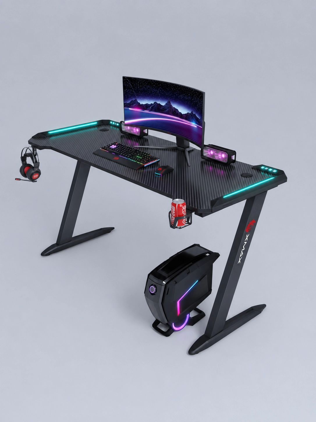 XMAX Inferno Karbon Oyuncu Masası | RGB Işıklı | Bardaklık | Kulaklık Tutucu