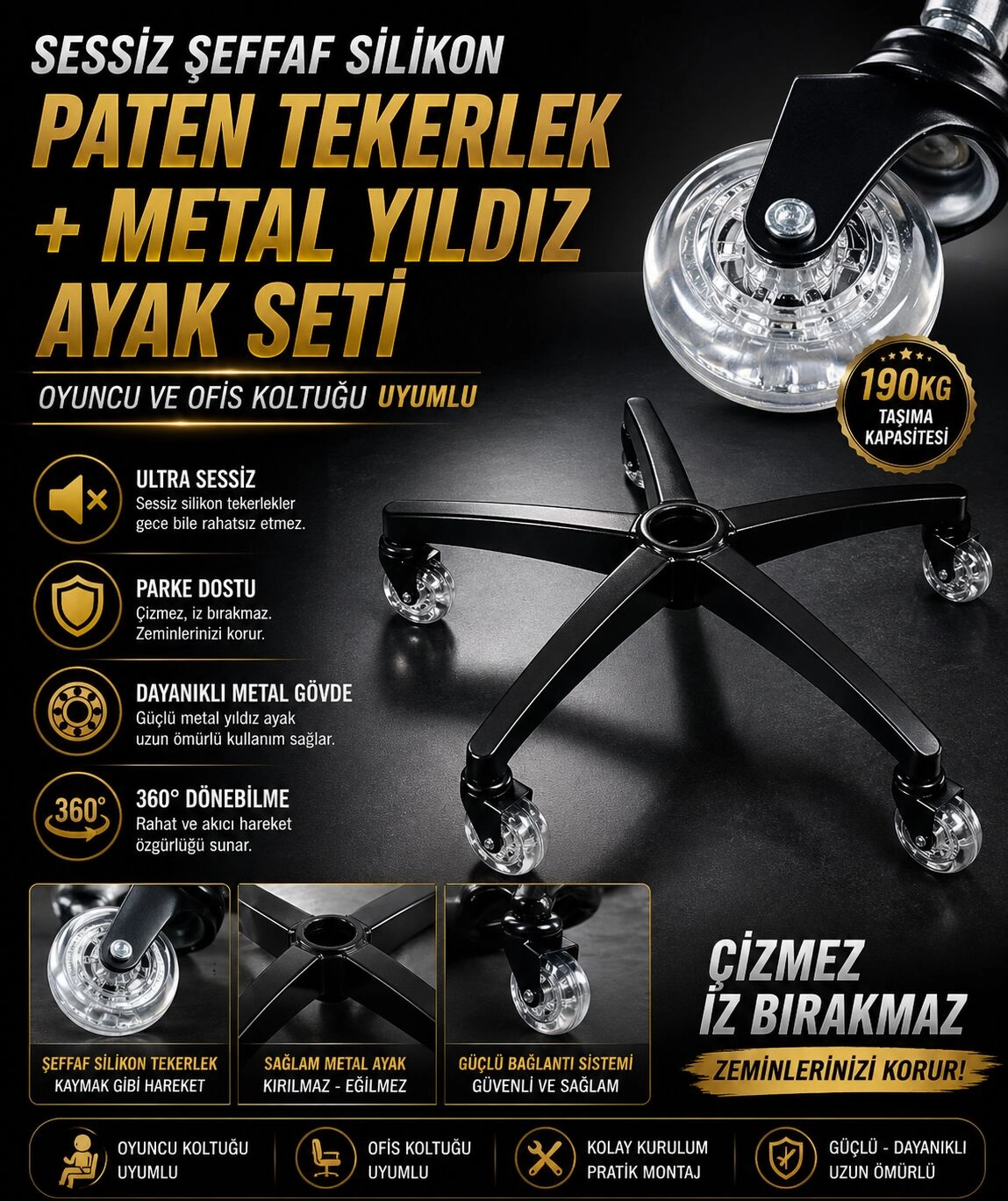 Sessiz Şeffaf Silikon Paten Tekerlek + Metal Yıldız Ayak Seti | Oyuncu ve Ofis Koltuğu Uyumlu | Çizmez, İz Bırakmaz