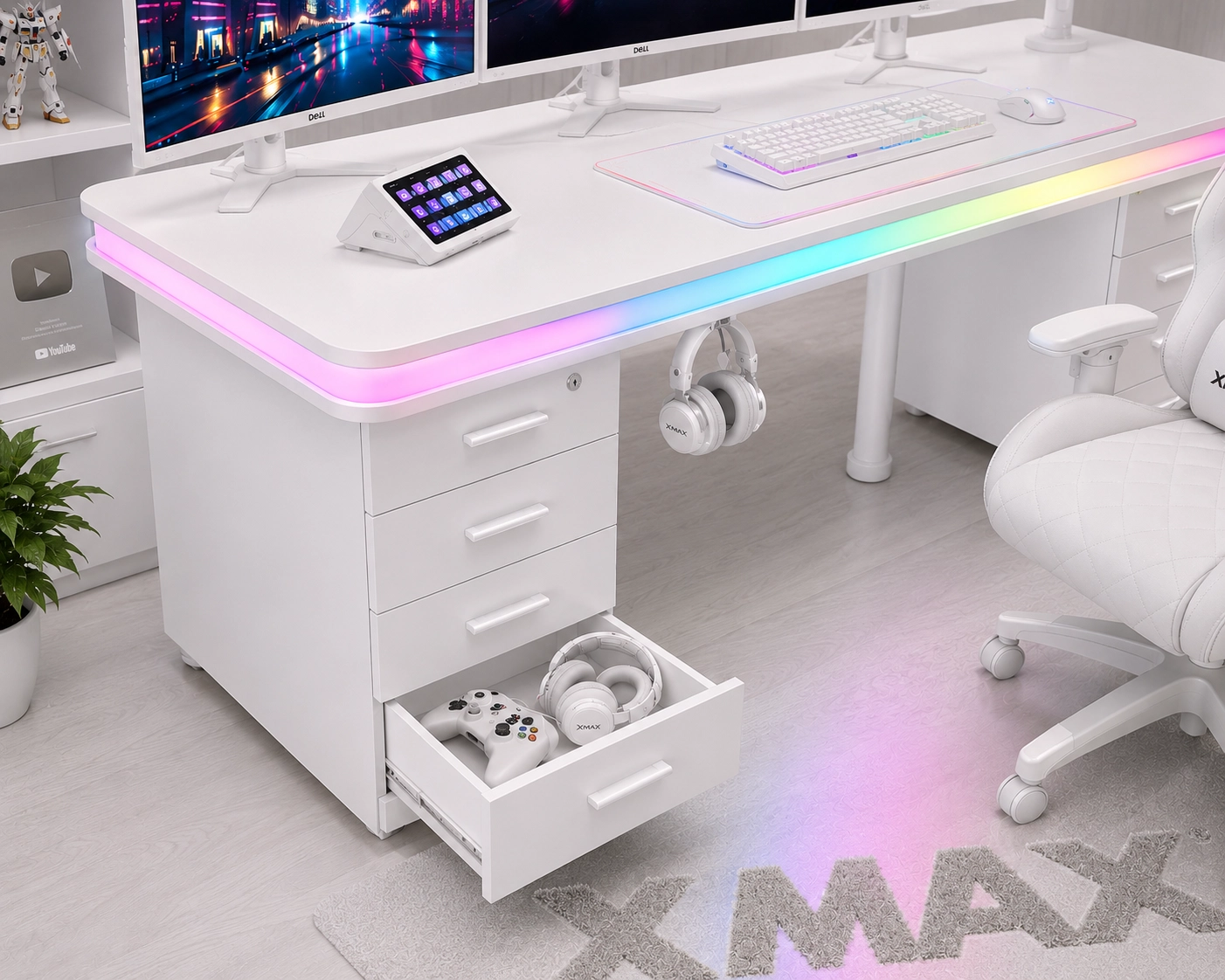 Bluetooth ARGB Işıklı Oyuncu Masası – XMAX Zyra Çift Çekmeceli MDF Gaming ve Çalışma Masası - TOPLAM KALINLIK 9 cm