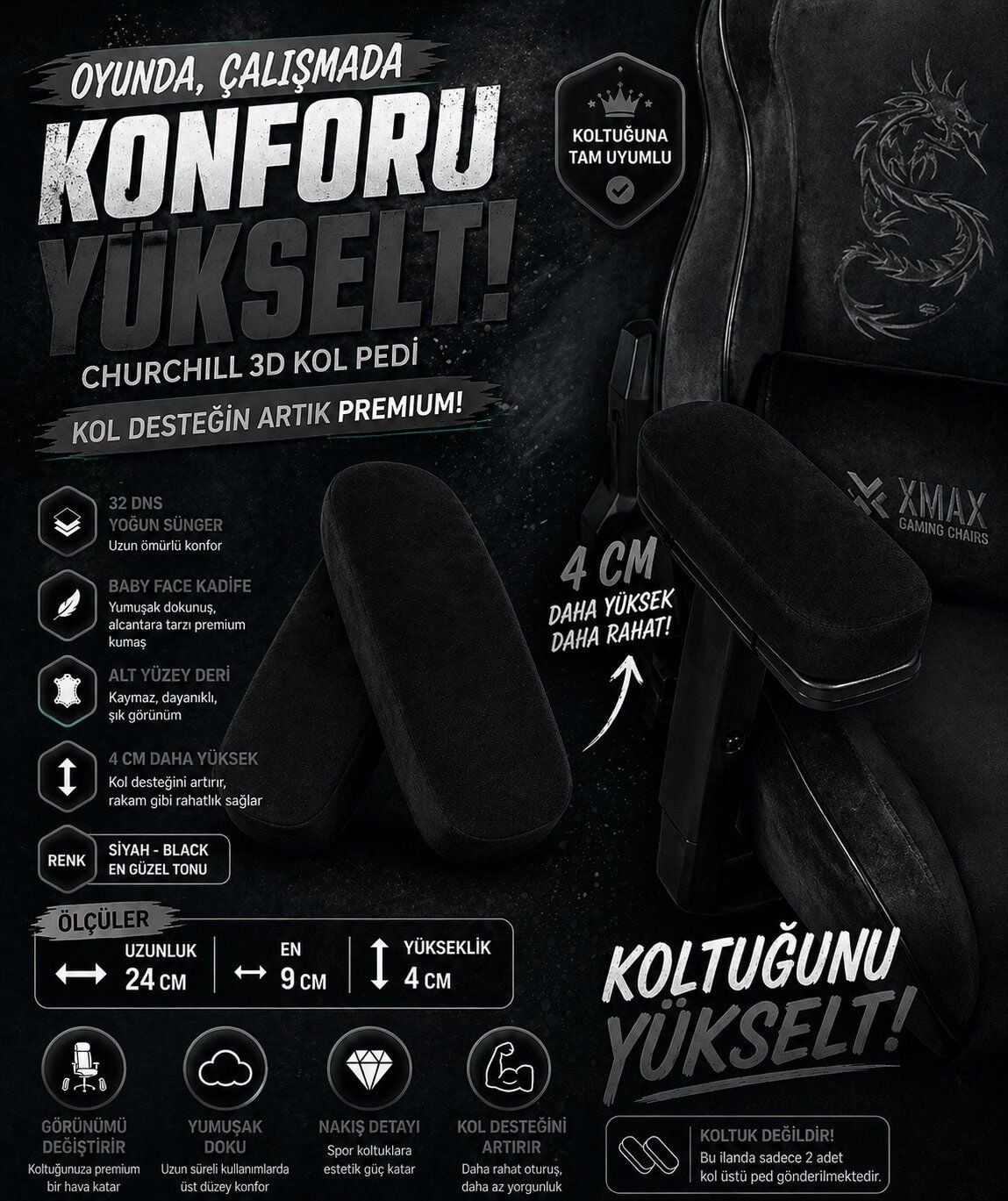 Churchill 3D Koltuk Kol Pedi Kadife Kumaş 32 DNS Yoğun Sünger (Ergonomik Kol Destek)