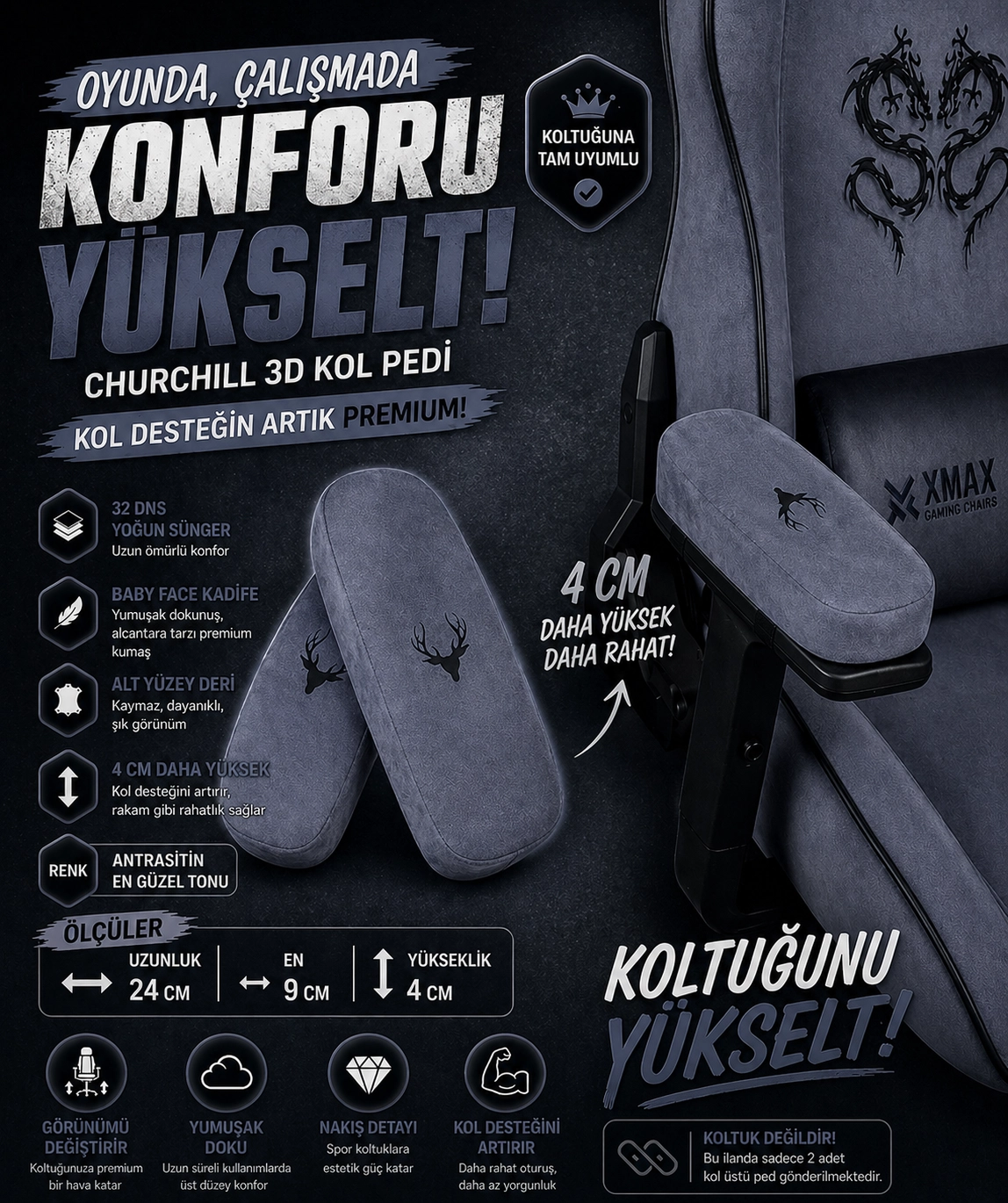 Churchill 3D Koltuk Kol Pedi Kadife Kumaş 32 DNS Yoğun Sünger (Ergonomik Kol Destek)