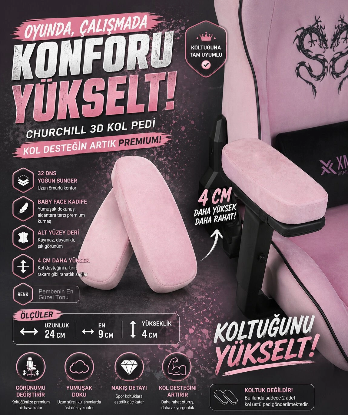 Churchill 3D Koltuk Kol Pedi Kadife Kumaş 32 DNS Yoğun Sünger (Ergonomik Kol Destek)