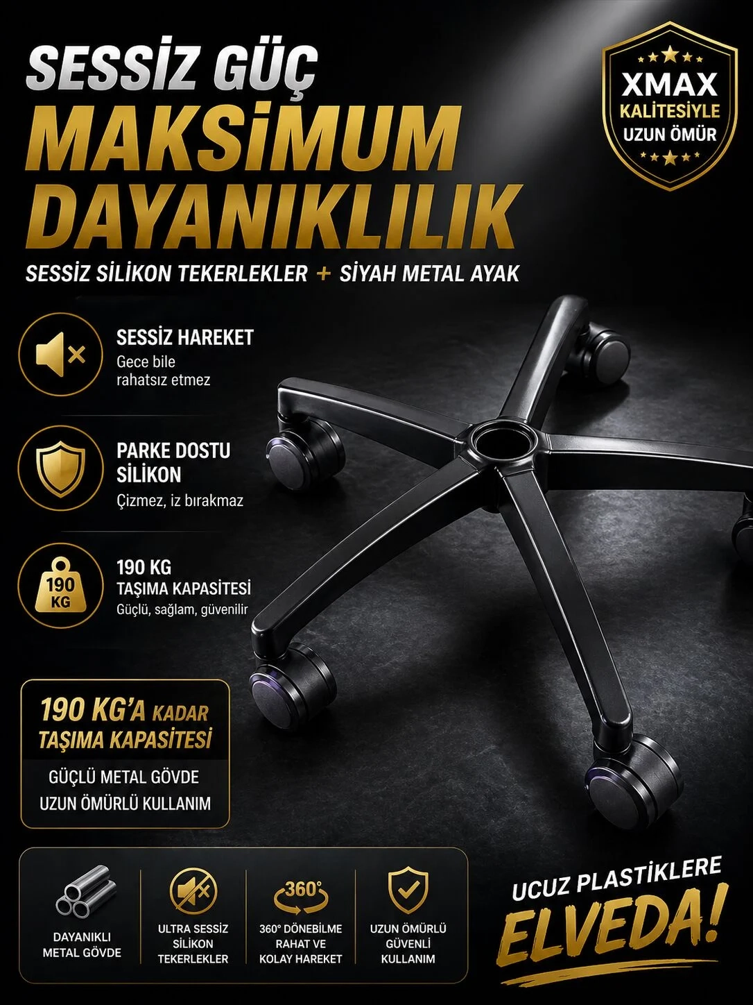 Metal Yıldız Ayak + Silikon Sessiz Tekerlek Seti | 190 KG | Oyuncu Koltuğu Uyumlu