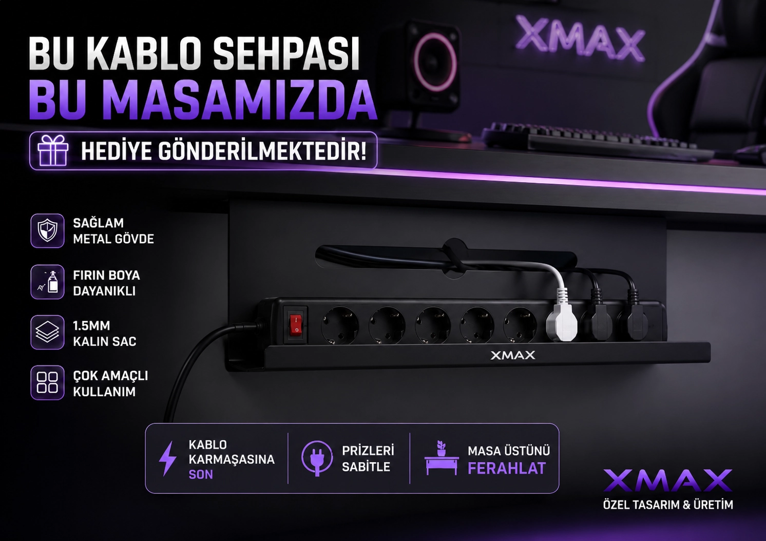 Bluetooth ARGB Işıklı Oyuncu Masası – XMAX Zyra Soldan Çekmeceli MDF Gaming ve Çalışma Masası - TOPLAM KALINLIK 6 cm