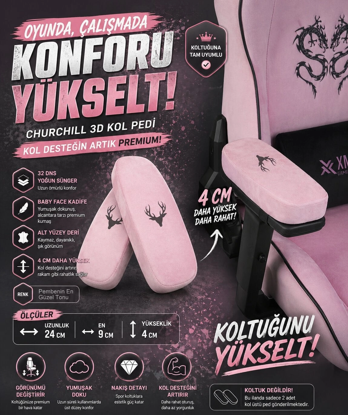 Churchill 3D Koltuk Kol Pedi Kadife Kumaş 32 DNS Yoğun Sünger (Ergonomik Kol Destek)