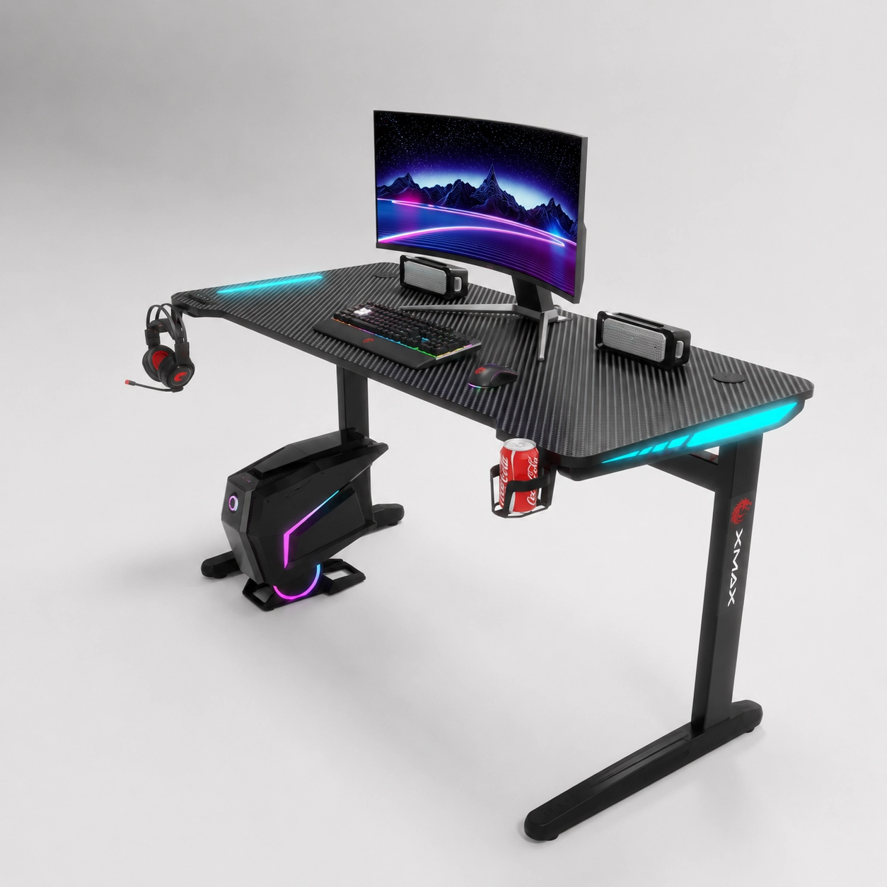 XMAX Inferno Karbon Oyuncu Masası | RGB Işıklı | Bardaklık | Kulaklık Tutucu