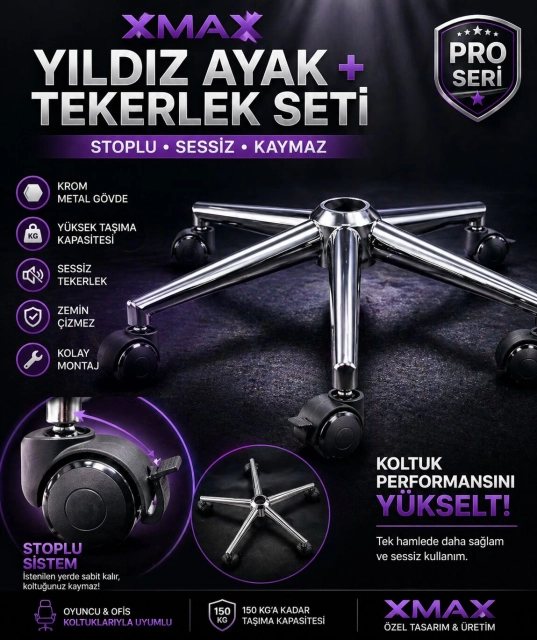 Oyuncu Koltuğu Yıldız Ayak + Tekerlek Seti | Stoplu Sistem | Krom Metal Gövde