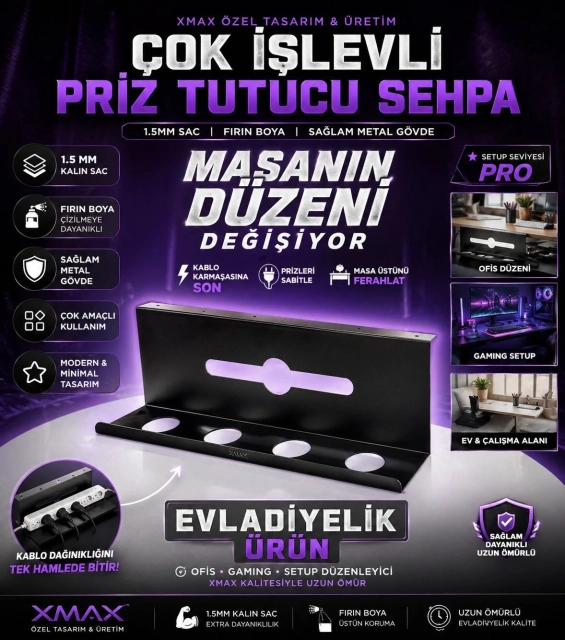 XMAX HUB 50 CM Kablo Toplayıcı Sehpa – Siyah veya Beyaz Metal Çok Amaçlı Priz Düzenleyici