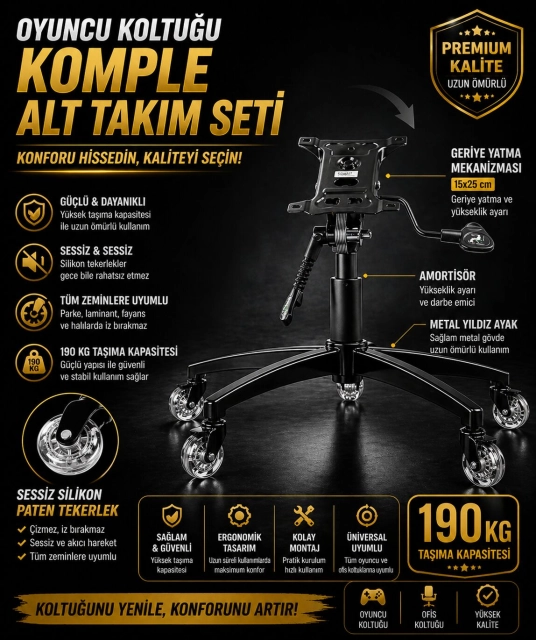 Oyuncu Koltuğu Komple Alt Takım Seti – Mekanizma  (15x25 cm) + Amortisör + Metal Ayak + Şefffaf Silikon Tekerlek