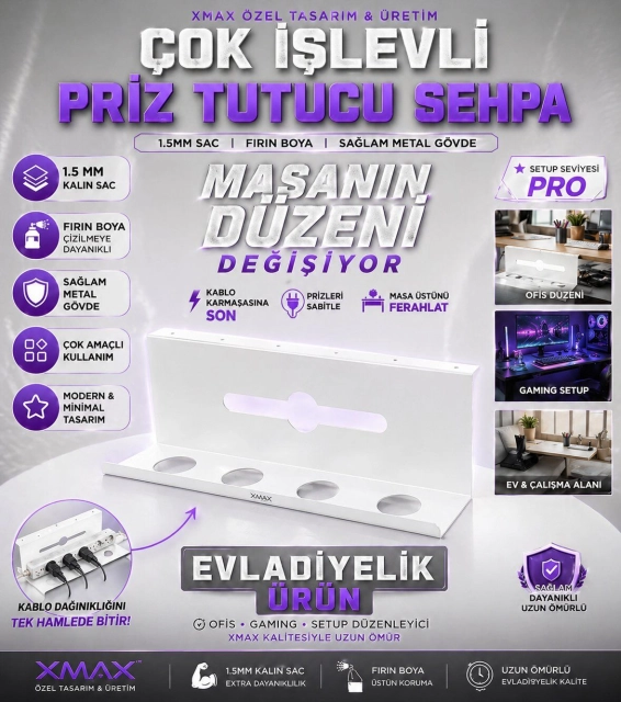 XMAX HUB 50 CM Kablo Toplayıcı Sehpa – Siyah veya Beyaz Metal Çok Amaçlı Priz Düzenleyici