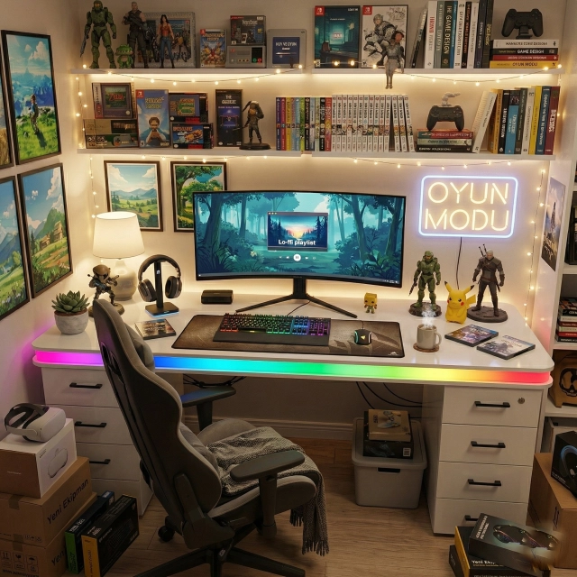 Bluetooth ARGB Işıklı Oyuncu Masası – XMAX Zyra Çift Çekmeceli MDF Gaming ve Çalışma Masası - TOPLAM KALINLIK 9 cm