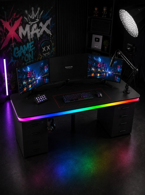Bluetooth ARGB Işıklı Oyuncu Masası – XMAX Zyra Çift Çekmeceli MDF Gaming ve Çalışma Masası - TOPLAM KALINLIK 9 cm