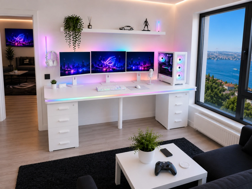 Bluetooth ARGB Işıklı Oyuncu Masası – XMAX Zyra Çift Çekmeceli MDF Gaming ve Çalışma Masası - TOPLAM KALINLIK 6 cm