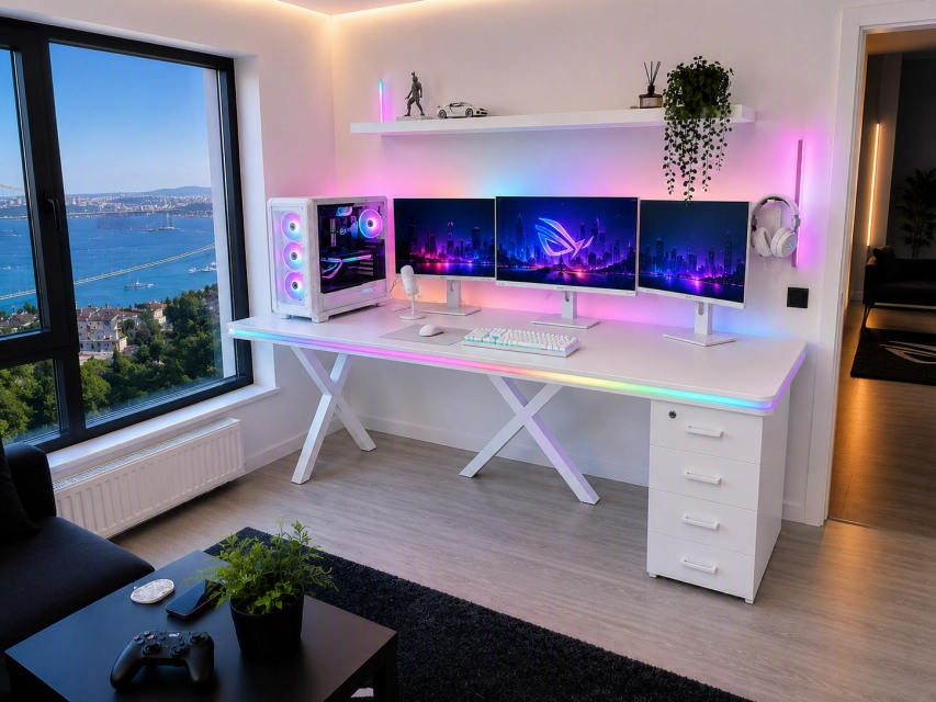 Bluetooth ARGB Işıklı Oyuncu Masası – XMAX Zyra Sağdan Çekmeceli MDF Gaming ve Çalışma Masası - TOPLAM KALINLIK 6 cm