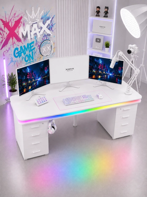Bluetooth ARGB Işıklı Oyuncu Masası – XMAX Zyra Çift Çekmeceli MDF Gaming ve Çalışma Masası - TOPLAM KALINLIK 9 cm
