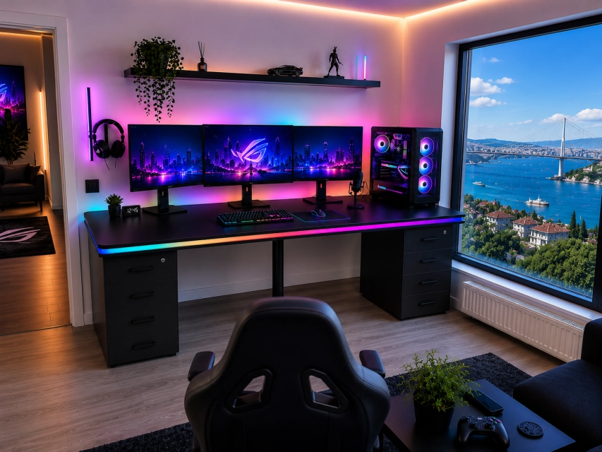 Bluetooth ARGB Işıklı Oyuncu Masası – XMAX Zyra Çift Çekmeceli MDF Gaming ve Çalışma Masası - TOPLAM KALINLIK 6 cm