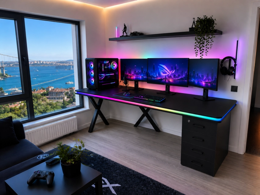 Bluetooth ARGB Işıklı Oyuncu Masası – XMAX Zyra Sağdan Çekmeceli MDF Gaming ve Çalışma Masası - TOPLAM KALINLIK 6 cm