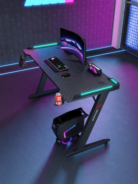 XMAX Inferno Karbon Oyuncu Masası | RGB Işıklı | Bardaklık | Kulaklık Tutucu
