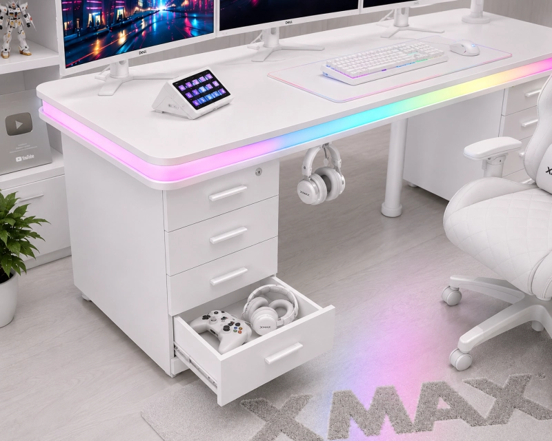 Bluetooth ARGB Işıklı Oyuncu Masası – XMAX Zyra Çift Çekmeceli MDF Gaming ve Çalışma Masası - TOPLAM KALINLIK 9 cm