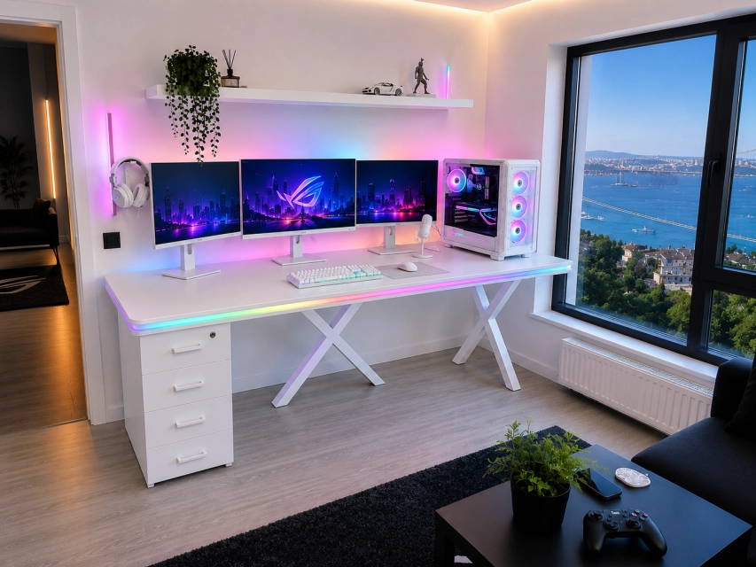 Bluetooth ARGB Işıklı Oyuncu Masası – XMAX Zyra Soldan Çekmeceli MDF Gaming ve Çalışma Masası - TOPLAM KALINLIK 6 cm