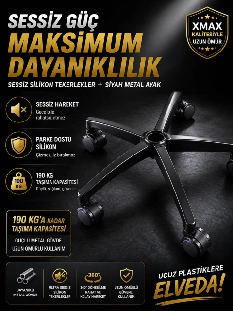 Metal Yıldız Ayak + Silikon Sessiz Tekerlek Seti | 190 KG | Oyuncu Koltuğu Uyumlu