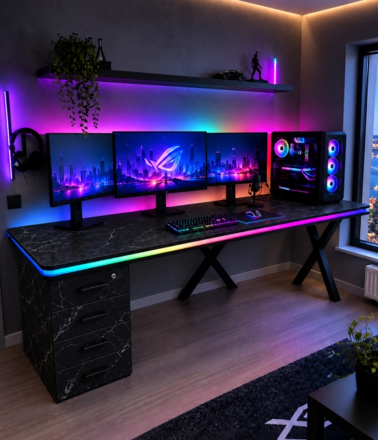 Bluetooth ARGB Işıklı Oyuncu Masası – XMAX Zyra Soldan Çekmeceli MDF Gaming ve Çalışma Masası - TOPLAM KALINLIK 6 cm