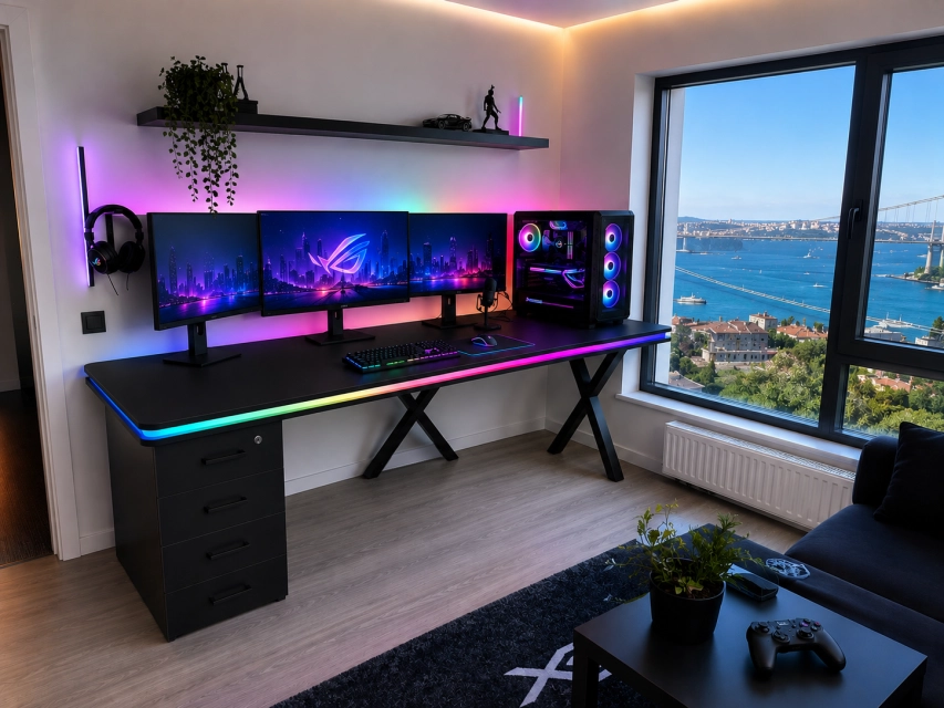 Bluetooth ARGB Işıklı Oyuncu Masası – XMAX Zyra Soldan Çekmeceli MDF Gaming ve Çalışma Masası - TOPLAM KALINLIK 6 cm
