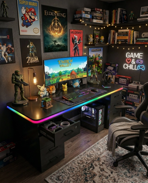 Bluetooth ARGB Işıklı Oyuncu Masası – XMAX Zyra Çift Çekmeceli MDF Gaming ve Çalışma Masası - TOPLAM KALINLIK 6 cm