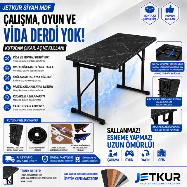 JetKur Siyah MDF Bilgisayar Oyuncu Masası Sallanmaz Metal Ayaklı - Vida Derdi Yok
