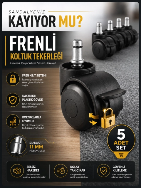 Frenli Ofis Koltuğu Tekerlek Seti 5 Adet – 11 mm Pim Çaplı Stop Özellikli Bilgisayar Sandalyesi Tekerlek